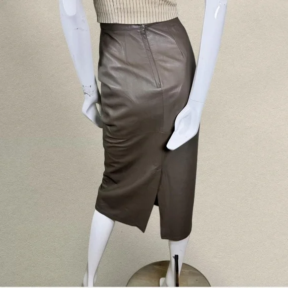 Vintage Vakko Genuine Leather Midi Skirt - Taupe/Mushroom - Made in USA - Size 4 - Picture 2 of 8